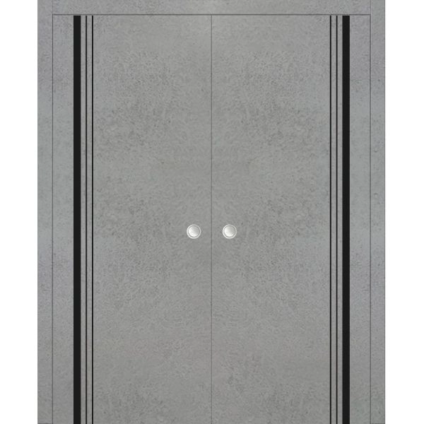 Modern Double Pocket Doors | Planum 0011 Concrete and Aluminum Strips | Kit Trims Rail Hardware | Solid Wood Interior Bedroom Sliding Closet Sturdy Door