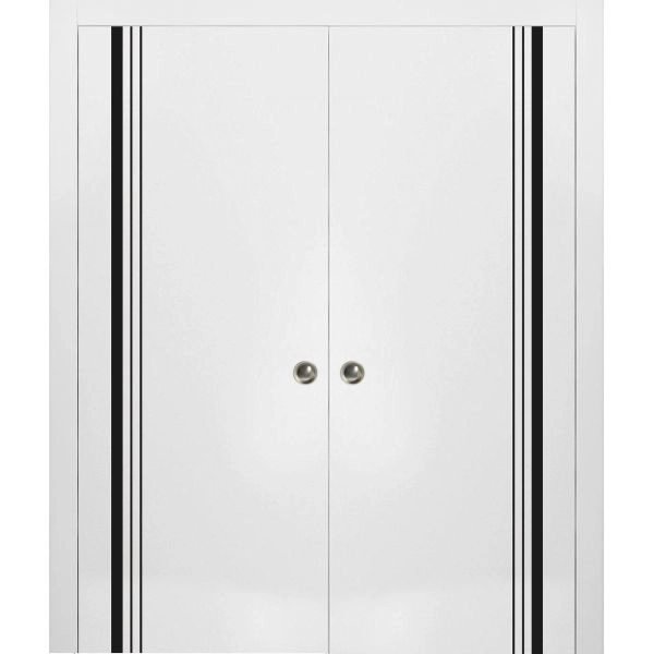 Sliding Double Pocket Door with Frames | Planum 0011 White Silk and Aluminum Strips | Kit Trims Rail Hardware | Solid Wood Interior Bedroom Bathroom Closet Sturdy Doors