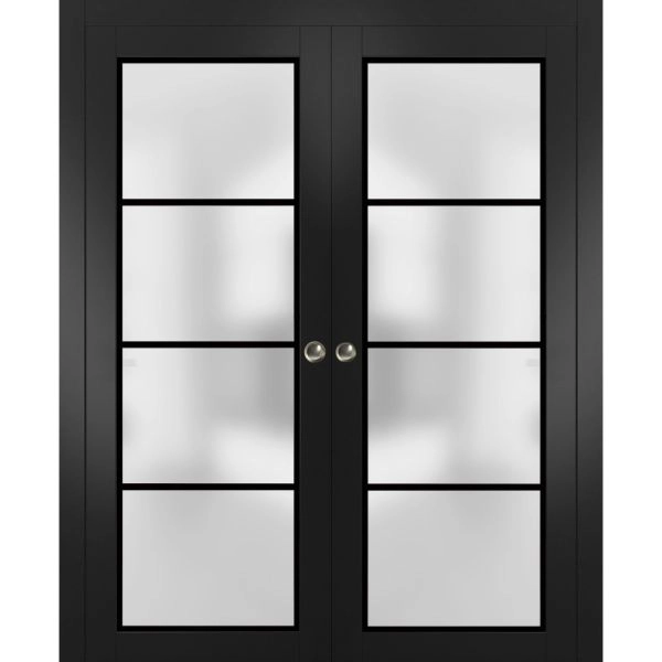 Sliding Double Pocket Door Frosted Tempered Glass | Planum 2132 Black Matte with Frosted Glass and Aluminum Strips | Kit Trims Rail Hardware | Solid Wood Interior Bedroom Bathroom Closet Sturdy Doors