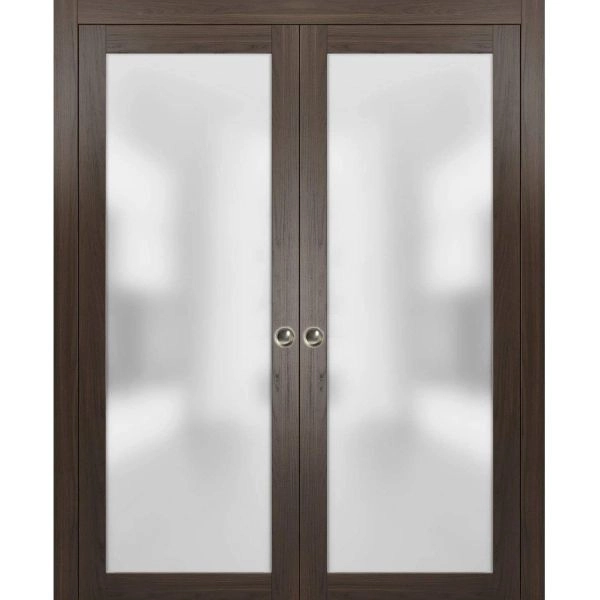 Sliding French Double Pocket Doors | Planum 2102 Chocolate Ash with Frosted Glass | Kit Trims Rail Hardware | Solid Wood Interior Bedroom Sturdy Doors