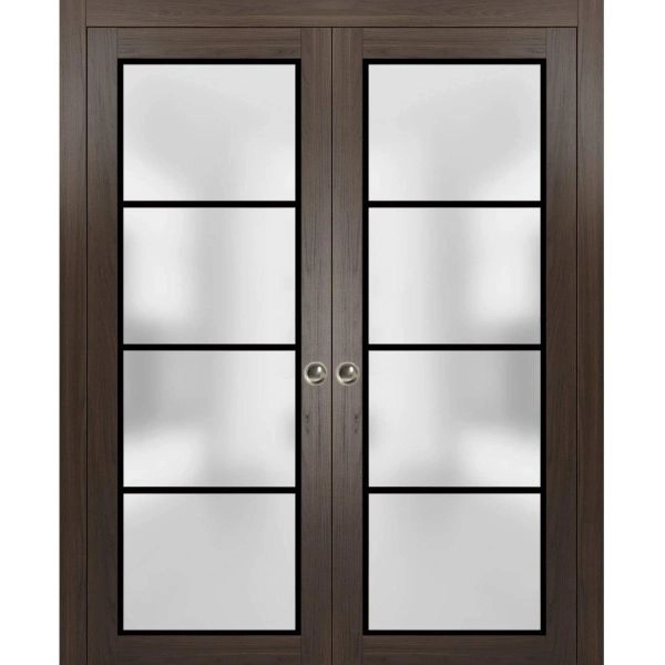 Sliding French Double Pocket Doors | Planum 2132 Chocolate Ash with Frosted Glass and Aluminum Strips | Kit Trims Rail Hardware | Solid Wood Interior Bedroom Sturdy Doors