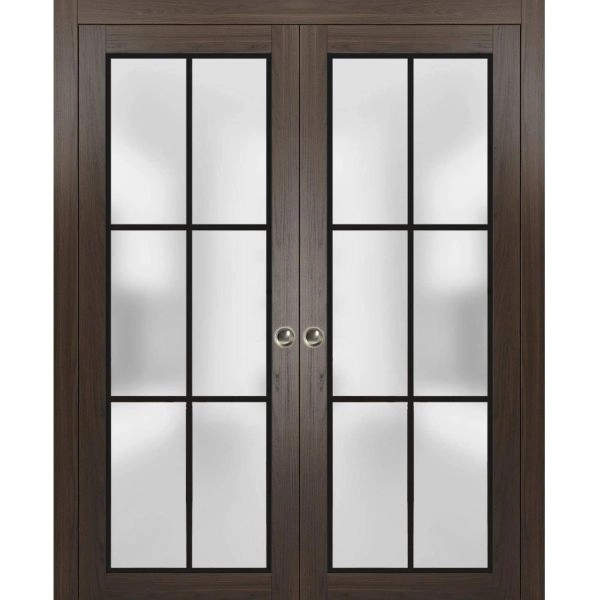 Sliding French Double Pocket Doors | Planum 2122 Chocolate Ash with Frosted Glass and Aluminum Strips | Kit Trims Rail Hardware | Solid Wood Interior Bedroom Sturdy Doors