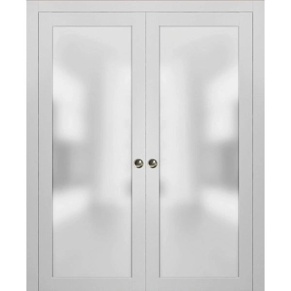 Planum 2102 Interior Sliding Closet Double Pocket Doors White Silk with Frames Tracks Pulls