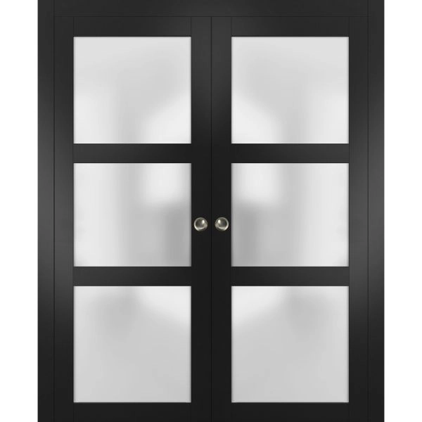 Sliding French Double Pocket Doors | Lucia 2552 Matte Black with Frosted Glass | Kit Trims Rail Hardware | Solid Wood Interior Bedroom Sturdy Doors