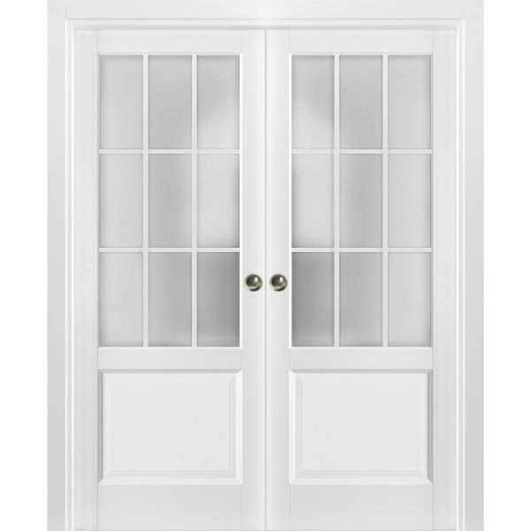 Sliding French Double Pocket Doors | Felicia 3309 White Silk with Frosted Glass | Kit Trims Rail Hardware | Solid Wood Interior Bedroom Sturdy Doors