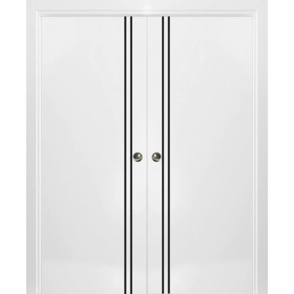 Sliding Double Pocket Door with Frames | Planum 0016 White Silk and Aluminum Strips | Kit Trims Rail Hardware | Solid Wood Interior Bedroom Bathroom Closet Sturdy Doors