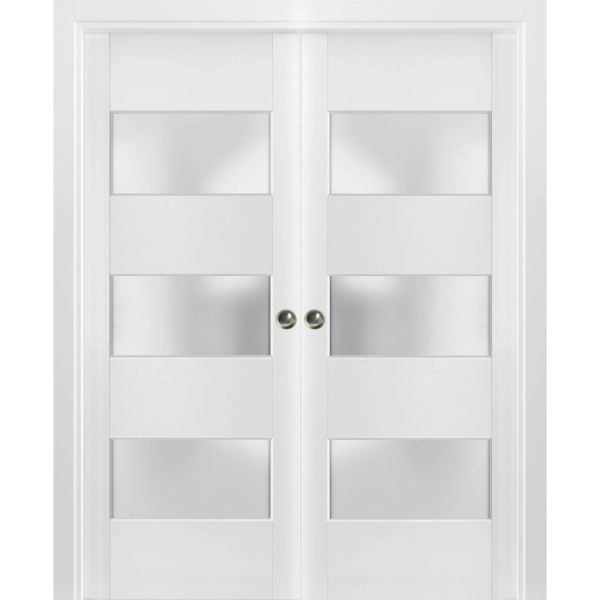 Sliding French Double Pocket Doors 3 Lites | Lucia 4070 White Silk with Frosted Glass | Kit Trims Rail Hardware | Solid Wood Interior Bedroom Sturdy Doors