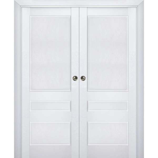 Sliding French Double Pocket Doors | Veregio 7411 White Silk | Kit Trims Rail Hardware | Solid Wood Interior Bedroom Sturdy Doors