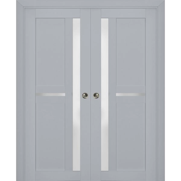 Sliding French Double Pocket Doors | Veregio 7288 Matte Grey with Frosted Glass | Kit Trims Rail Hardware | Solid Wood Interior Bedroom Sturdy Doors
