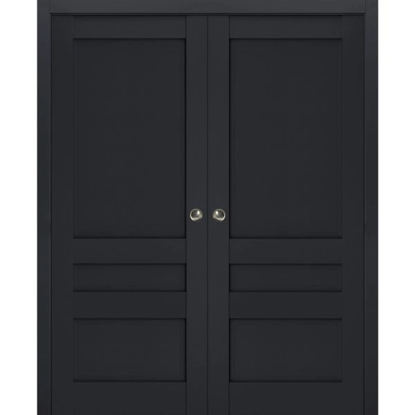Sliding French Double Pocket Doors | Veregio 7411 Antracite | Kit Trims Rail Hardware | Solid Wood Interior Bedroom Sturdy Doors