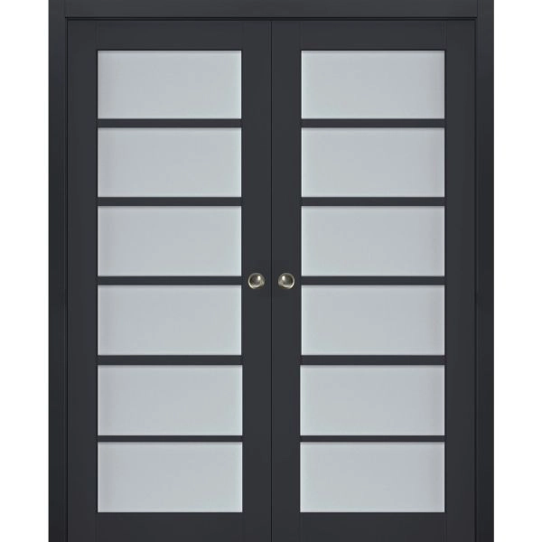 Sliding French Double Pocket Doors | Veregio 7602 Antracite with Frosted Glass | Kit Trims Rail Hardware | Solid Wood Interior Bedroom Sturdy Doors