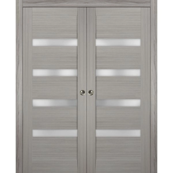 Sliding French Double Pocket Doors | Quadro 4113 Ginger Ash with Frosted Glass | Kit Trims Rail Hardware | Solid Wood Interior Bedroom Sturdy Doors