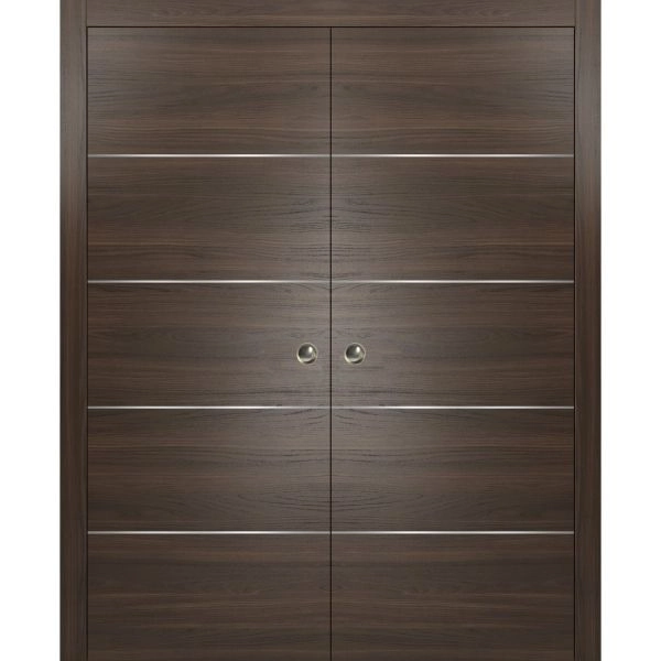 Modern Double Pocket Doors | Planum 0020 Chocolate Ash | Kit Trims Rail Hardware | Solid Wood Interior Bedroom Sliding Closet Sturdy Door