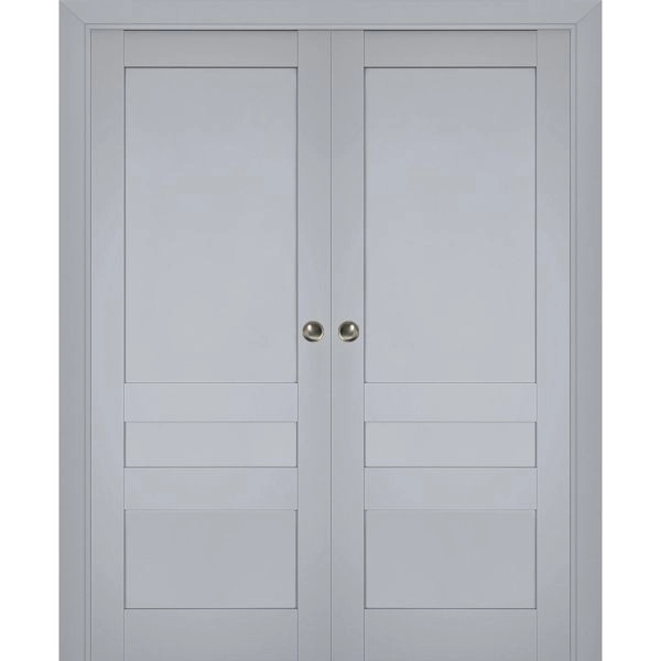 Sliding French Double Pocket Doors | Veregio 7411 Matte Grey | Kit Trims Rail Hardware | Solid Wood Interior Bedroom Sturdy Doors