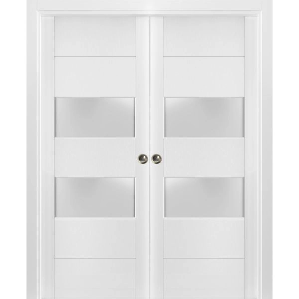 Sliding French Double Pocket Doors 2 lites | Lucia 4010 White Silk with Frosted Glass | Kit Trims Rail Hardware | Solid Wood Interior Bedroom Sturdy Doors