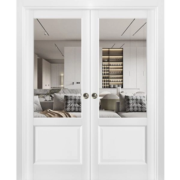 Sliding French Double Pocket Doors | Lucia 1533 White Silk with Clear Glass | Kit Trims Rail Hardware | Solid Wood Interior Bedroom Sturdy Doors