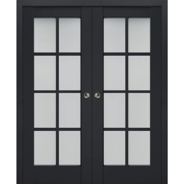 Sliding French Double Pocket Doors | Veregio 7412 Antracite with Frosted Glass | Kit Trims Rail Hardware | Solid Wood Interior Bedroom Sturdy Doors
