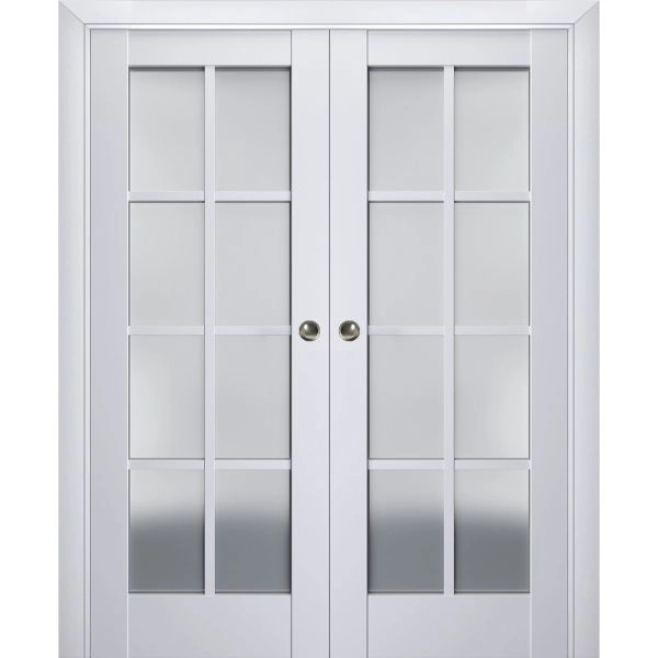 Sliding French Double Pocket Doors | Veregio 7412 White Silk with Frosted Glass | Kit Trims Rail Hardware | Solid Wood Interior Bedroom Sturdy Doors