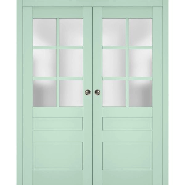Sliding French Double Pocket Doors | Veregio 7339 Oliva with Frosted Glass | Kit Trims Rail Hardware | Solid Wood Interior Bedroom Sturdy Doors