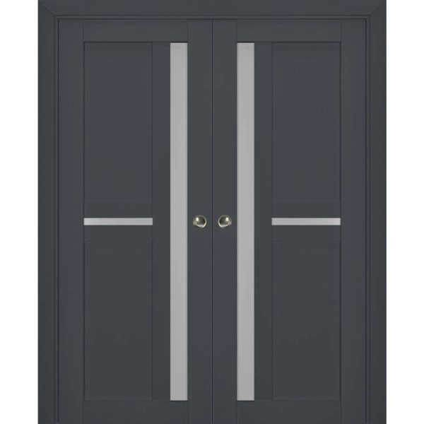 Sliding French Double Pocket Doors | Veregio 7288 Antracite with Frosted Glass | Kit Trims Rail Hardware | Solid Wood Interior Bedroom Sturdy Doors