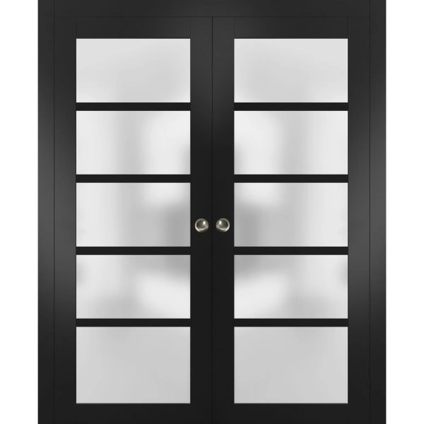 Sliding French Double Pocket Doors | Quadro 4002 Black Matte with Frosted Glass | Kit Trims Rail Hardware | Solid Wood Interior Bedroom Sturdy Doors