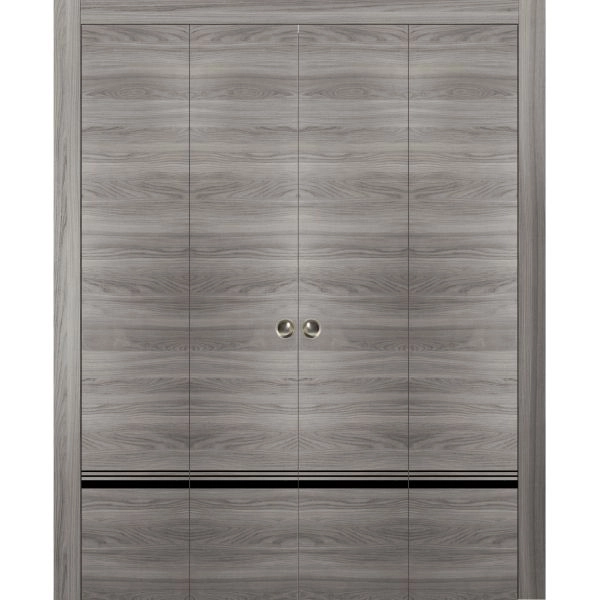 Sliding Closet Double Bi-fold Doors | Planum 0012 Ginger Ash and Aluminum Strips | Sturdy Tracks Moldings Trims Hardware Set | Wood Solid Bedroom Wardrobe Doors