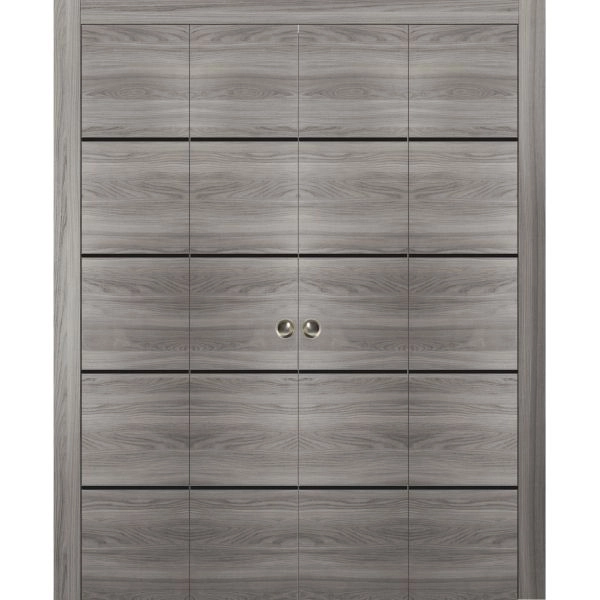 Sliding Closet Double Bi-fold Doors | Planum 0015 Ginger Ash and Aluminum Strips | Sturdy Tracks Moldings Trims Hardware Set | Wood Solid Bedroom Wardrobe Doors