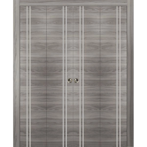 Sliding Closet Double Bi-fold Doors | Planum 0310 Ginger Ash and Aluminum Strips | Sturdy Tracks Moldings Trims Hardware Set | Wood Solid Bedroom Wardrobe Doors