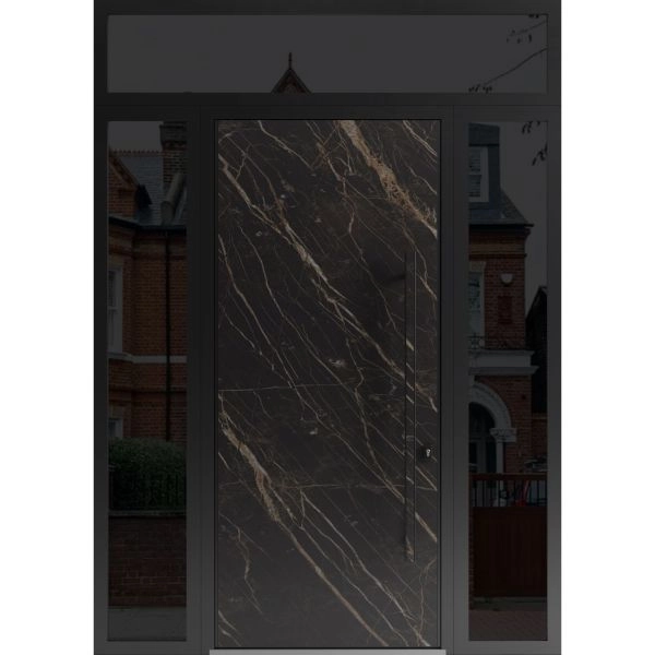 Front Exterior Prehung Steel Door / Dekton 0118 Natural Noir 96”/ 2 Side and Top Exterior Window Sidelite / Entry Metal Modern Painted W12+36+12" x H96+16" Left hand Inswing