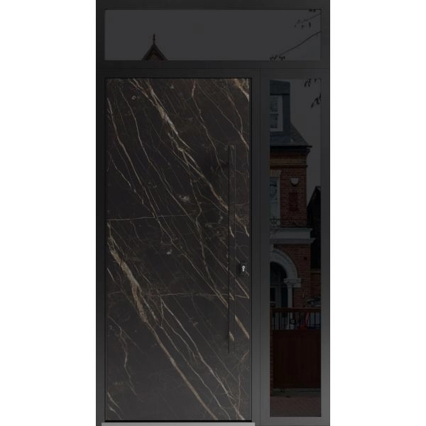 Front Exterior Prehung Steel Door / Dekton 0118 Natural Noir / Side and Top Exterior Window Sidelite / Entry Metal Modern Painted W36+12" x H80+16" Left hand Inswing