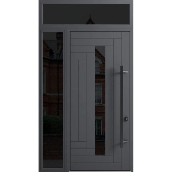 Front Exterior Prehung Steel Door / Ronex 0130 Grey 96" / Sidelight and Transom Window Sidelite / Entry Metal Modern Painted W36+12" x H96+16" Left hand Inswing