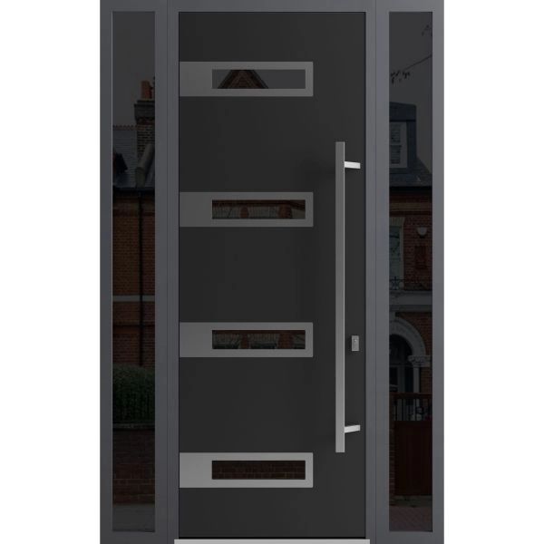 Front Exterior Prehung Steel Door / Ronex 0131 Black Enamel 96" / 2 Sidelight Exterior Windows Sidelites/ Stainless Inserts Entry Metal Modern Painted W12+36+12" x H96" Left hand Inswing