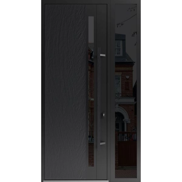 Front Exterior Prehung Steel Door / Dekton 0163 Ardesia Nero 96”/ Side Exterior Window Sidelite / Entry Metal Modern Painted W36+12" x H96" Left hand Inswing