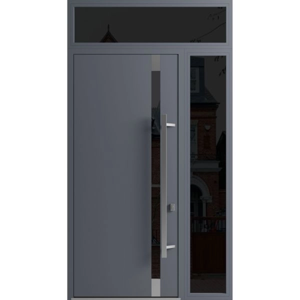 Front Exterior Prehung Steel Door / Ronex 1011 Grey 96" / Sidelight and Transom Window Sidelite / Stainless Inserts Entry Metal Modern Painted W36+12" x H96+16" Left hand Inswing