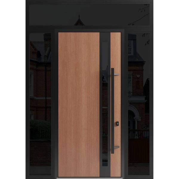 Front Exterior Prehung Steel Door / Ronex 1033 Teak 96" / 2 Sidelight and Transom Window Sidelite / Entry Metal Modern Painted W12+36+12" x H96+16" Left hand Inswing
