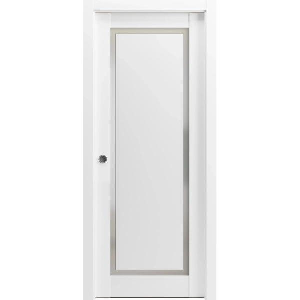 Sliding French Pocket Door with | Planum 0888 Painted White with Frosted Glass | Kit Trims Rail Hardware | Solid Wood Interior Bedroom Sturdy Doors-18" x 80"