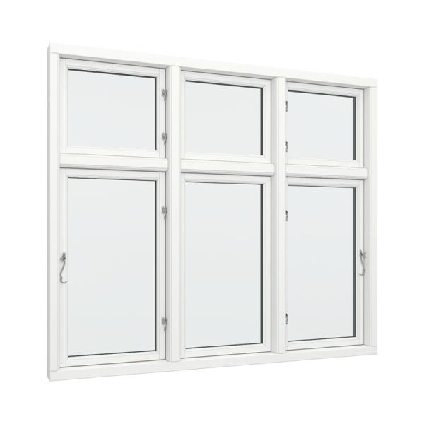 Casement Window PVC with Side Hinges, Three Windows, Right Opening, Fixed Top (View from inside)