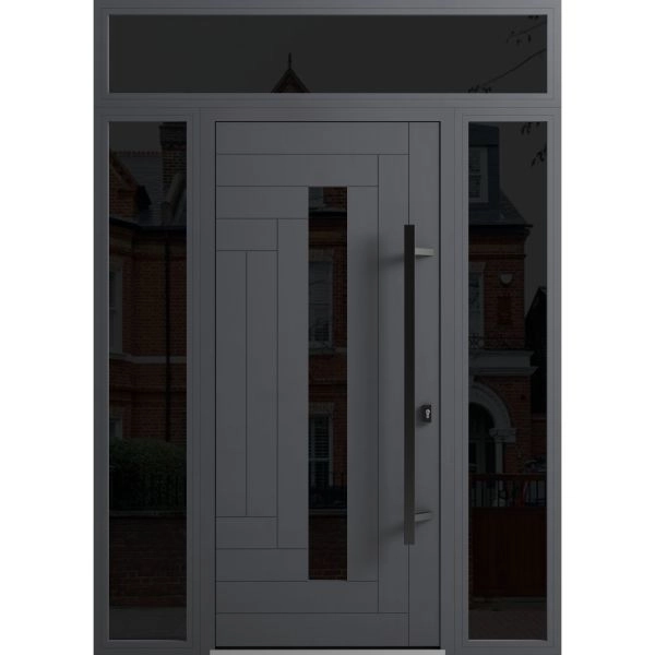 Front Exterior Prehung Steel Door / Ronex 0130 Grey / 2 Sidelight and Transom Window Sidelite / Entry Metal Modern Painted W12+36+12" x H80+16" Left hand Inswing