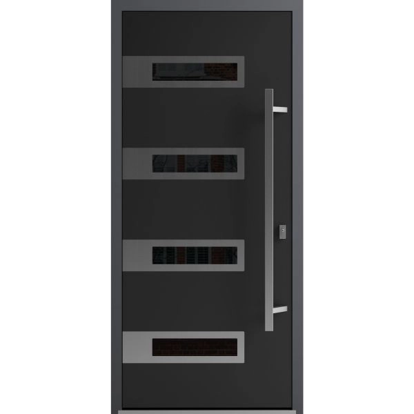 Front Exterior Prehung Steel Door / Ronex 0131 Black Enamel / Stainless Inserts Entry Metal Modern Painted W36" x H80" Left hand Inswing