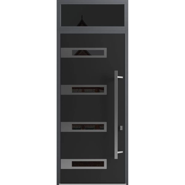 Front Exterior Prehung Steel Door / Ronex 0131 Black Enamel 96" / Transom Window Sidelite / Stainless Inserts Entry Metal Modern Painted W36" x H96+16" Left hand Inswing