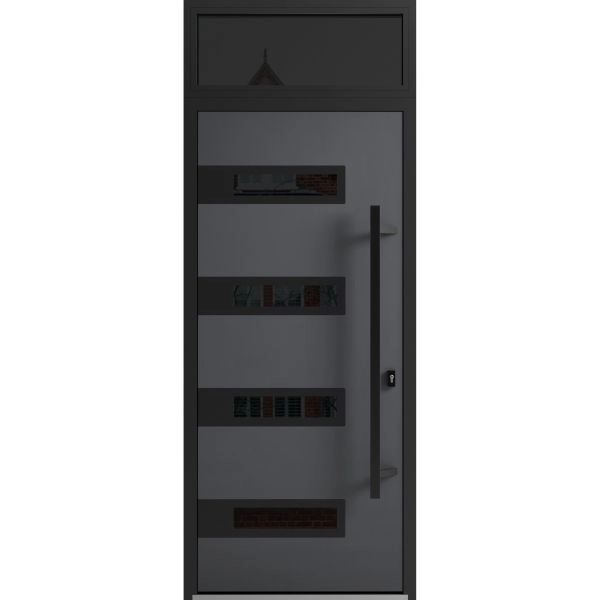Front Exterior Prehung Steel Door / Ronex 0131 Grey / Transom Window Sidelite / Entry Metal Modern Painted W36" x H80+16" Left hand Inswing