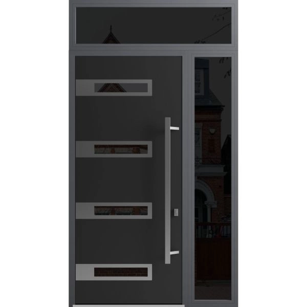 Front Exterior Prehung Steel Door / Ronex 0131 Black Enamel 96" / Sidelight and Transom Window Sidelite / Stainless Inserts Entry Metal Modern Painted W36+12" x H96+16" Left hand Inswing