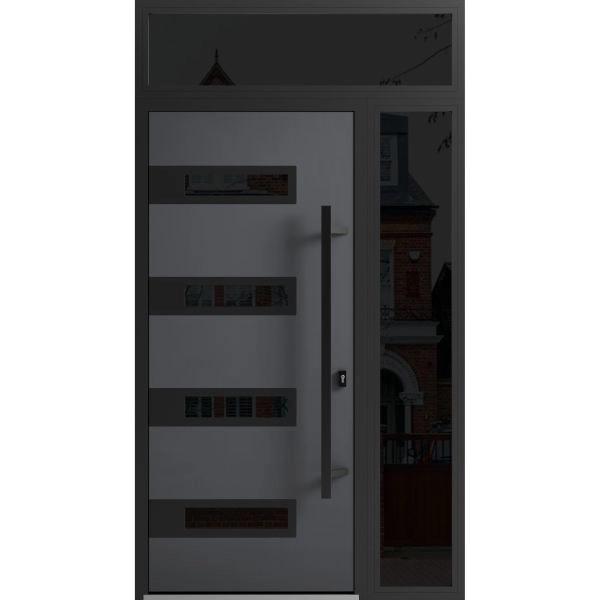 Front Exterior Prehung Steel Door / Ronex 0131 Grey / Sidelight and Transom Window Sidelite / Entry Metal Modern Painted W36+12" x H80+16" Left hand Inswing