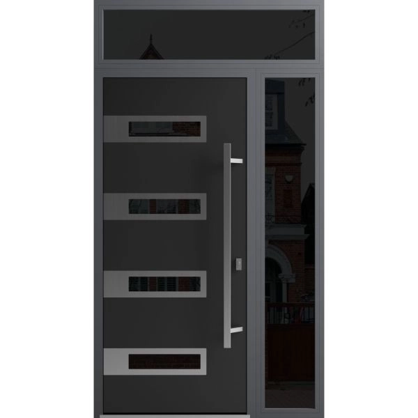 Front Exterior Prehung Steel Door / Ronex 0131 Black Enamel / Sidelight and Transom Window Sidelite / Stainless Inserts Entry Metal Modern Painted W36+12" x H80+16" Left hand Inswing