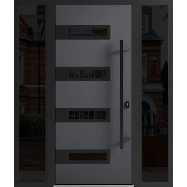 Front Exterior Prehung Steel Door / Ronex 0131 Grey / 2 Sidelight Exterior Windows Sidelites/ Entry Metal Modern Painted W12+36+12" x H80" Left hand Inswing