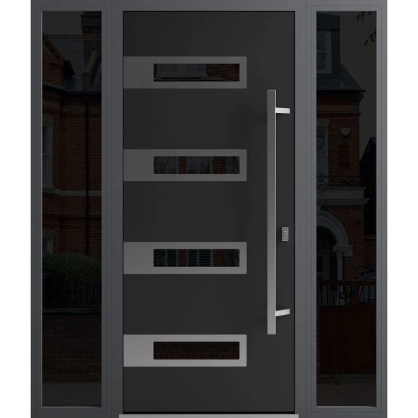 Front Exterior Prehung Steel Door / Ronex 0131 Black Enamel / 2 Sidelight Exterior Windows Sidelites/ Stainless Inserts Entry Metal Modern Painted W12+36+12" x H80" Left hand Inswing