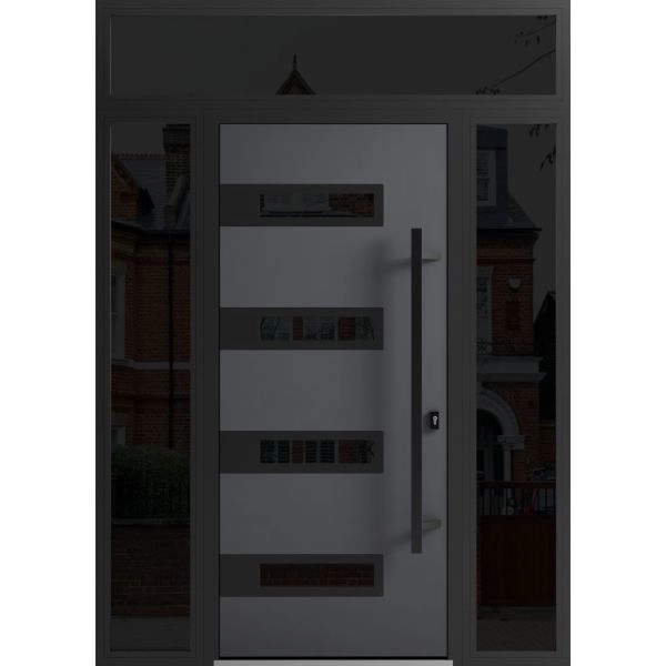 Front Exterior Prehung Steel Door / Ronex 0131 Grey / 2 Sidelight and Transom Window Sidelite / Entry Metal Modern Painted W12+36+12" x H80+16" Left hand Inswing