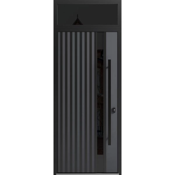Front Exterior Prehung Steel Door / Ronex 0144 Grey / Transom Window Sidelite / Entry Metal Modern Painted W36" x H80+16" Left hand Inswing