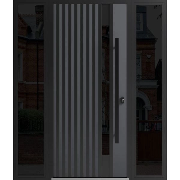 Front Exterior Prehung Steel Door / Ronex 0144 Grey / 2 Sidelight Exterior Windows Sidelites/ Entry Metal Modern Painted W12+36+12" x H80" Left hand Inswing