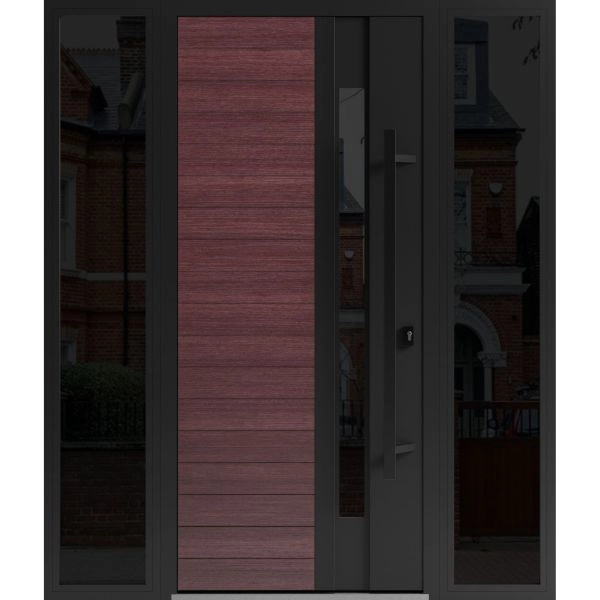 Front Exterior Prehung Steel Door / Ronex 0162 Red Oak / 2 Sidelight Exterior Windows Sidelites/ Entry Metal Modern Painted W12+36+12" x H80" Left hand Inswing